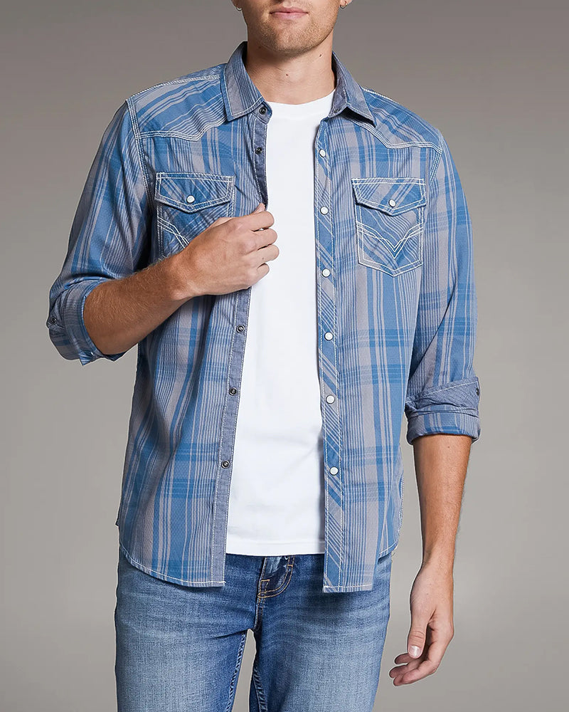 Taupe Blue Contrast Trim Plaid Snap Shirt