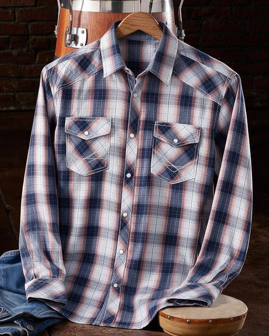 Navy Coral Athletic Plaid Snap Shirt