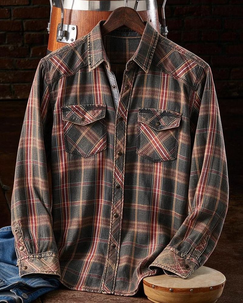 Red Black Washed Contrast Cuff Plaid Shirt