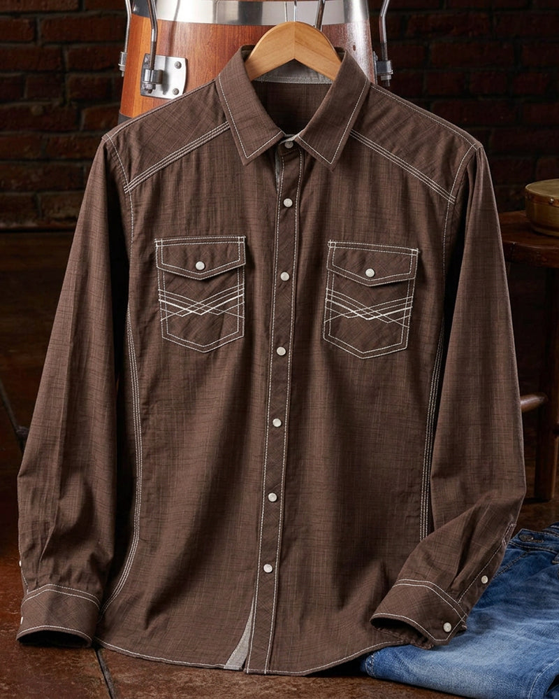 Solid Brown Athletic Western Long Sleeve Shirt