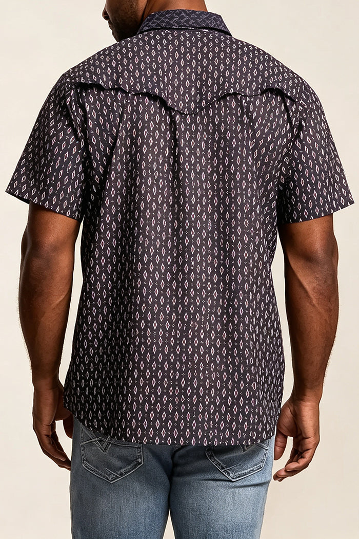Black Base Diamond Printed Snap Short Sleeve Shirt