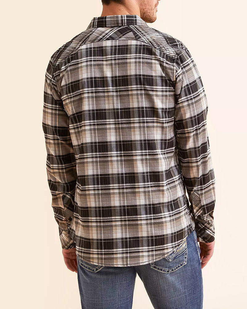 Black Tan Athletic Stretch Plaid Shirt