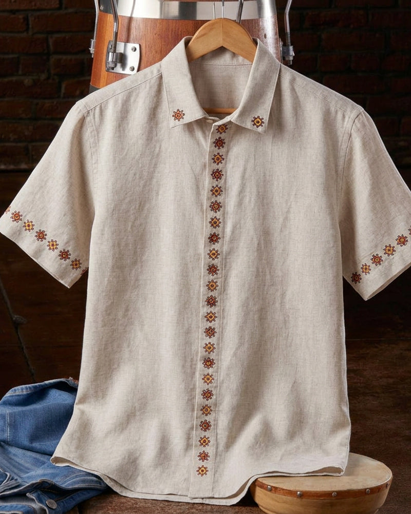 Natural Beige Ethnic Motif Collared Short Sleeve Shirt