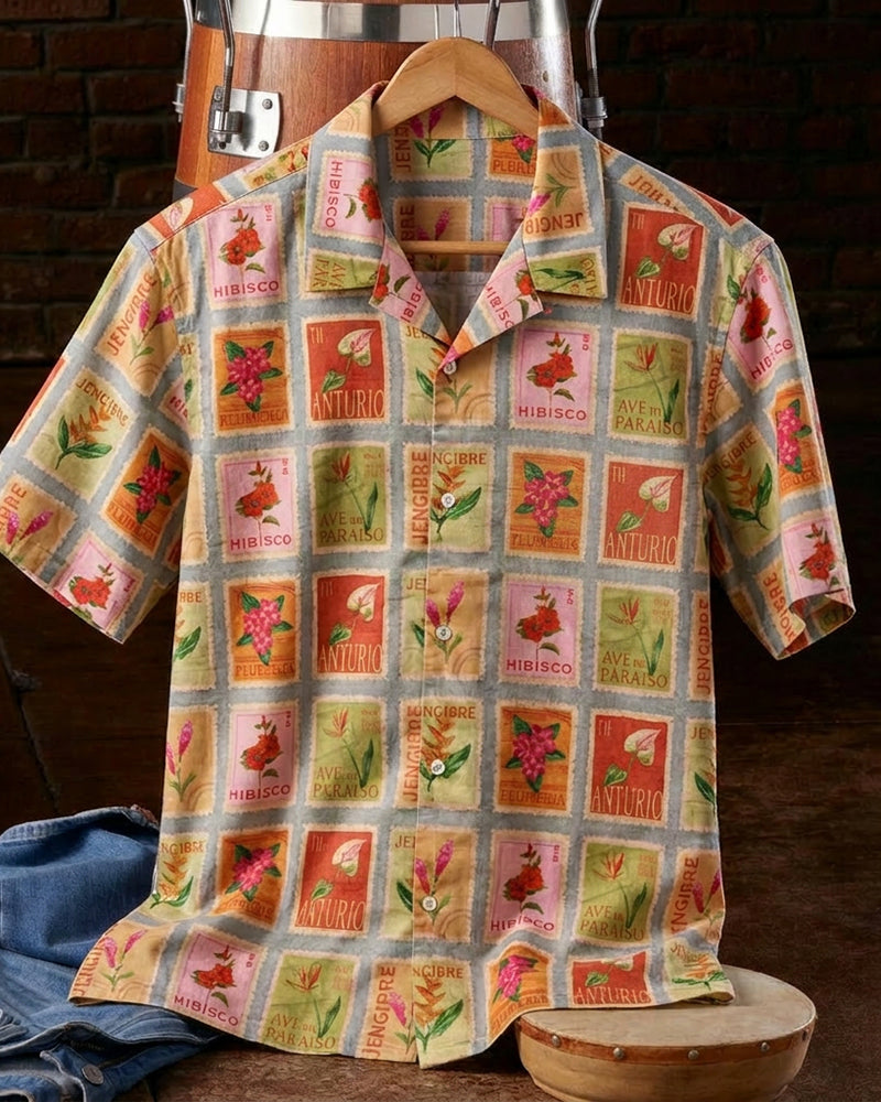 Men's Vintage Stamp Floral Short Sleeve Shirt