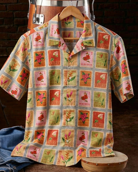 Men's Vintage Stamp Floral Short Sleeve Shirt