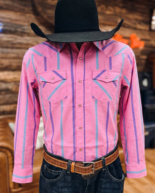 Men's Pink Base Blue Purple Vertical Striped Long Sleeve Western Shirt
