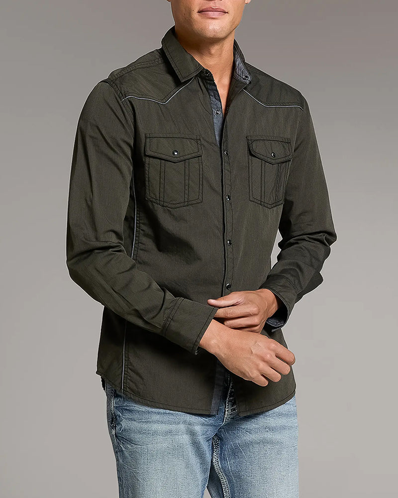 Olive Contrast Trim Athletic Western Snap Shirt