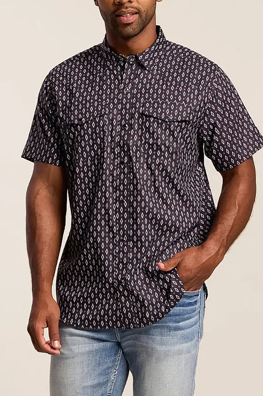 Black Base Diamond Printed Snap Short Sleeve Shirt