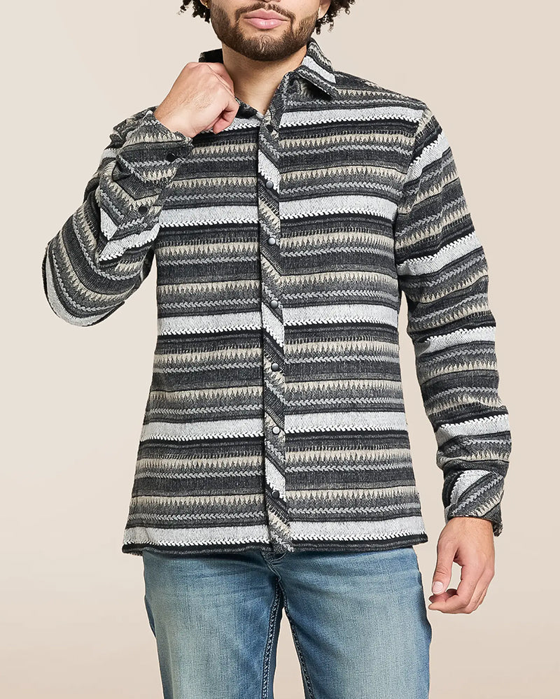 Black Tan Wavy Stripe  Athletic Snap Long Sleeve Shirt