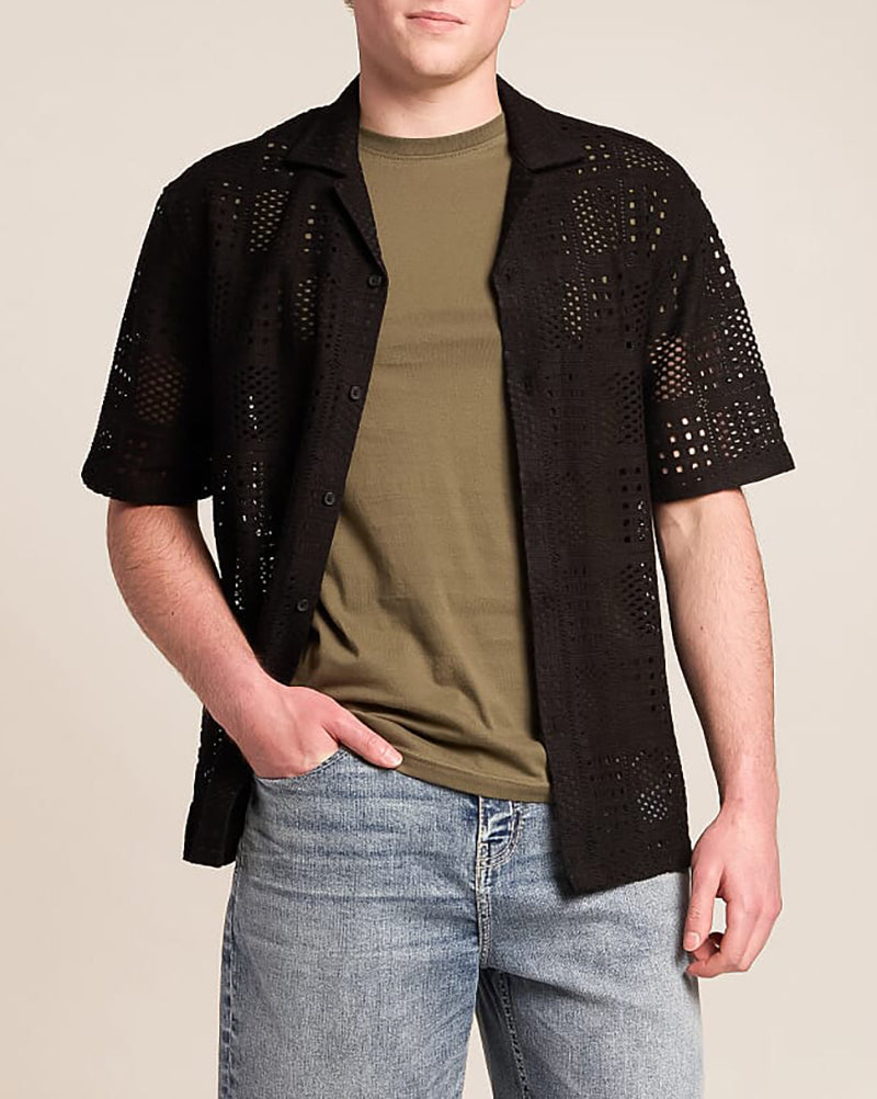Men's Crochet Textured Camp Collar Short Sleeve Shirt