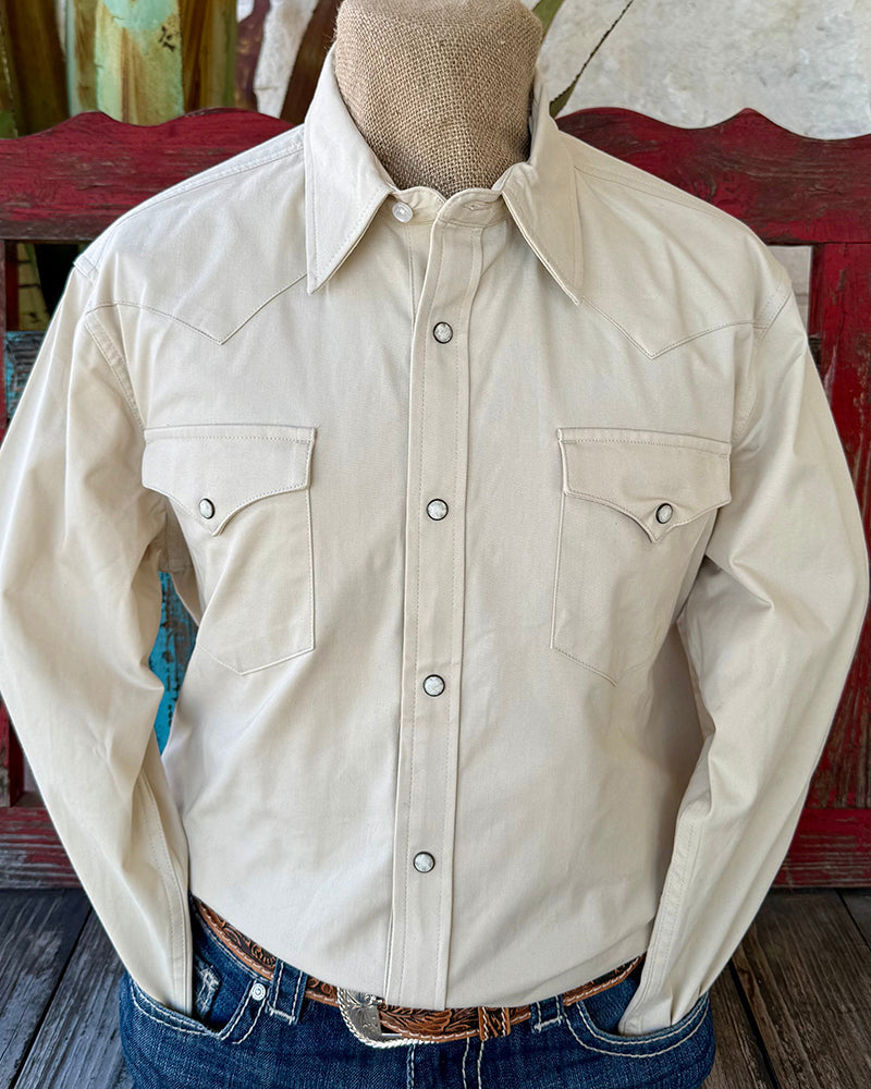 Men's Solid Beige Western Slim Fit Long Sleeve Snap Shirt
