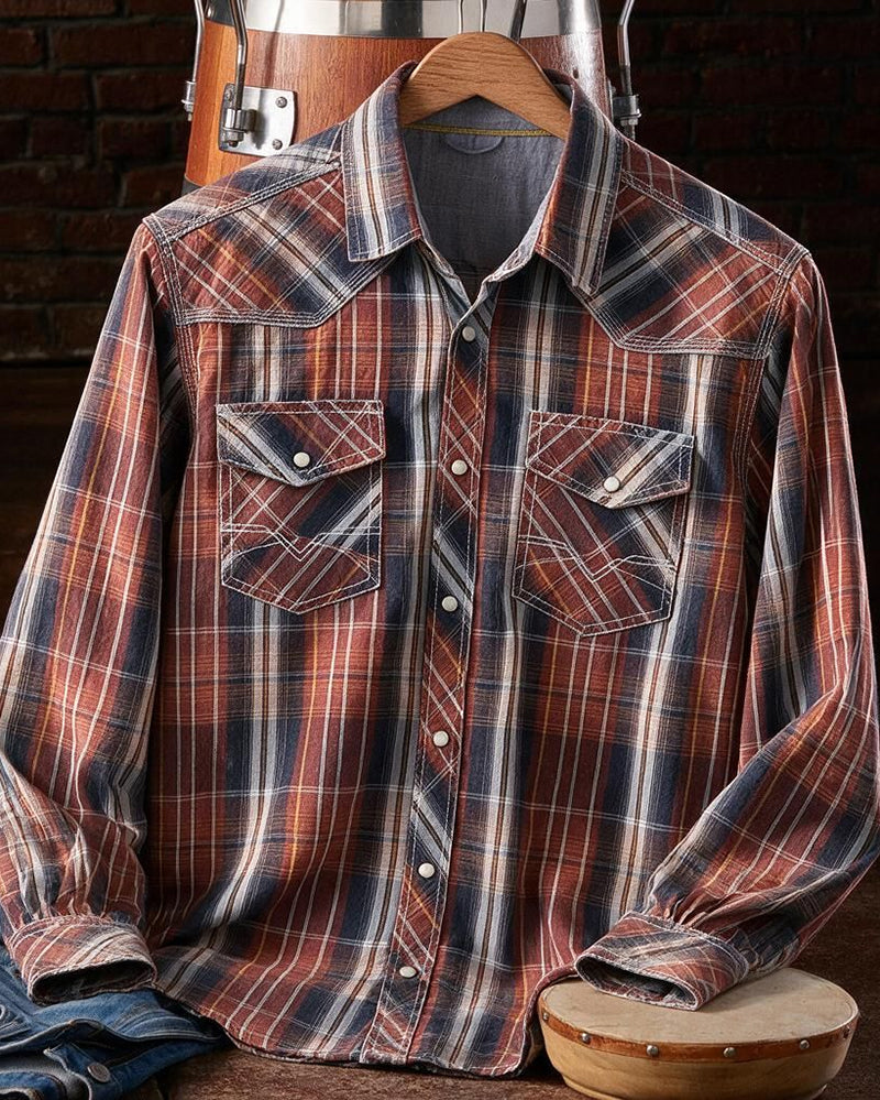Red Blue Washed Western Athletic Plaid Shirt
