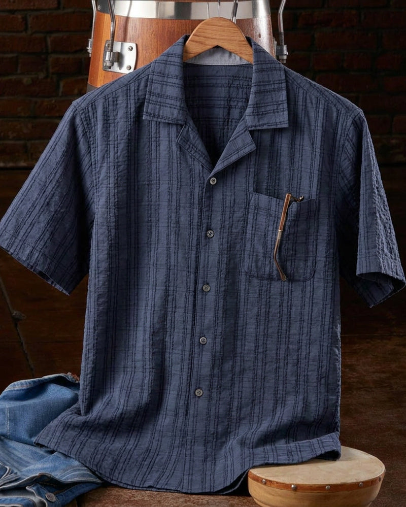 Vertical Striped Short Sleeve Camp Collar Shirt