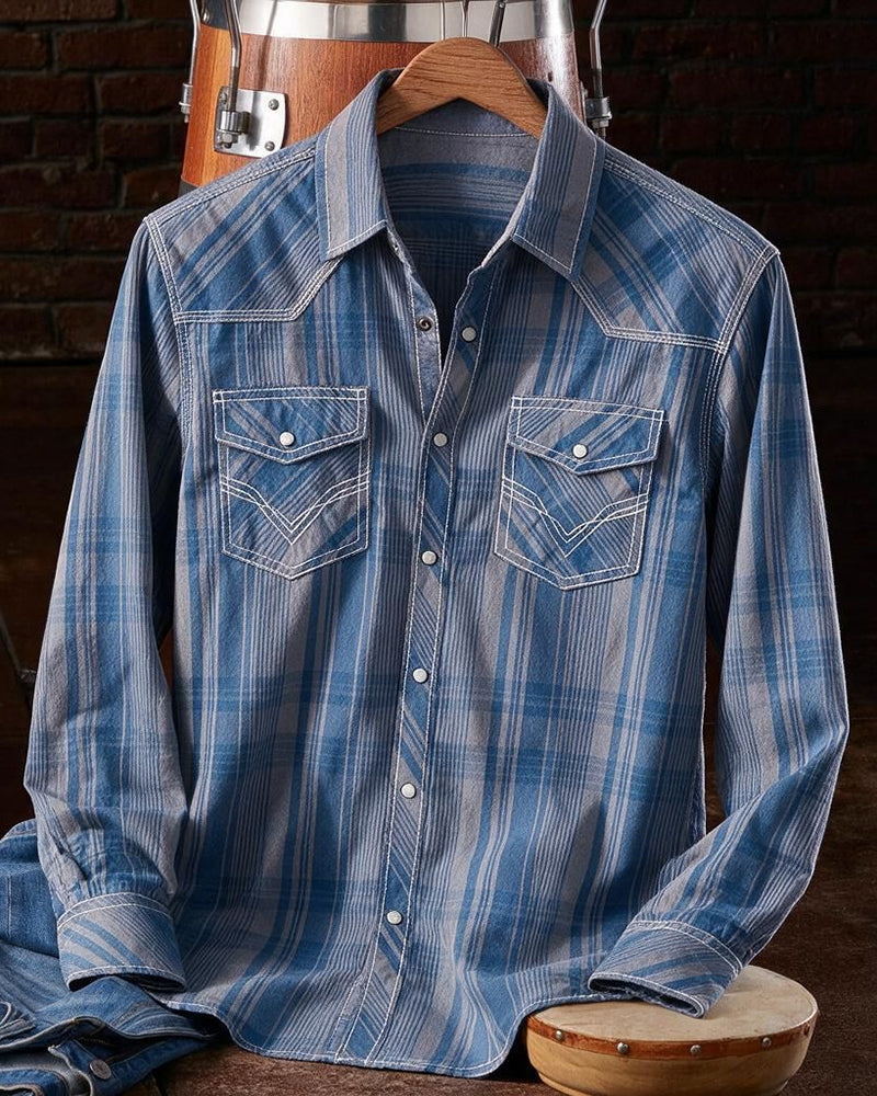 Taupe Blue Contrast Trim Plaid Snap Shirt