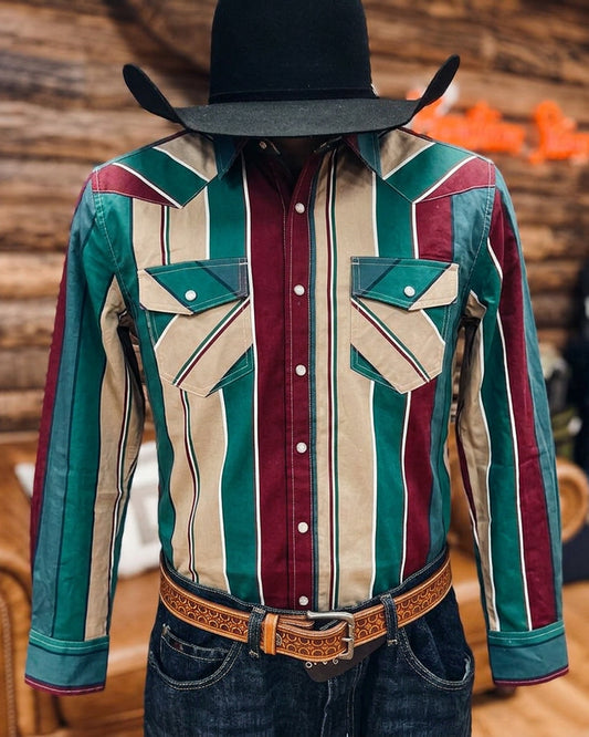 Men's Vertical Striped Long Sleeve Pearl Snap Dual Pocket Western Shirt