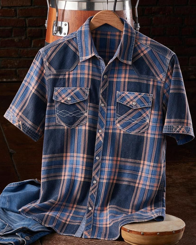 Blue Coral Washed Short Sleeve Standard Plaid Shirt