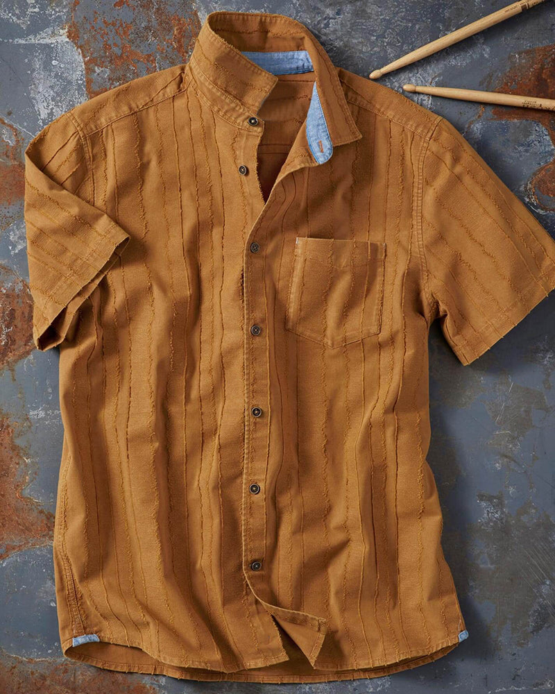 Short Sleeve Raw-Edge Slub Stripe Shirt