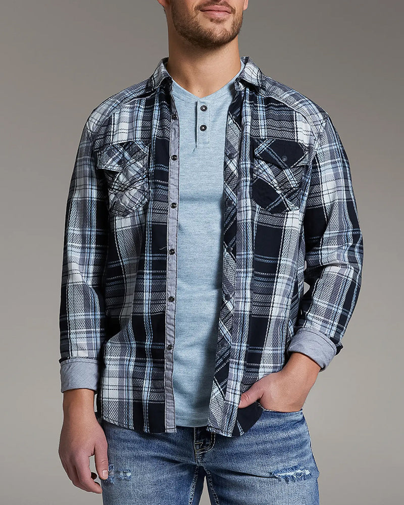 Dual Pocket Contrast Trim Woven Snap Plaid Shirt