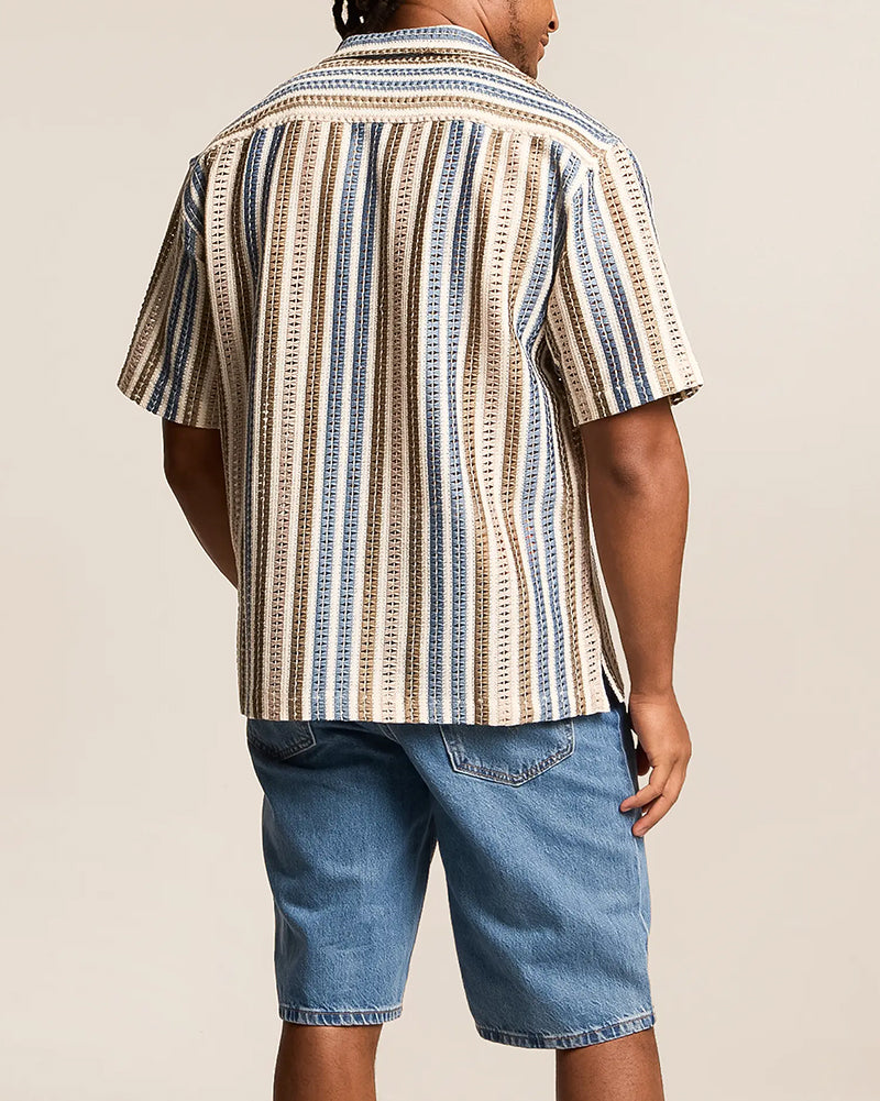 Men's Striped Crochet Camp Collar Shirt