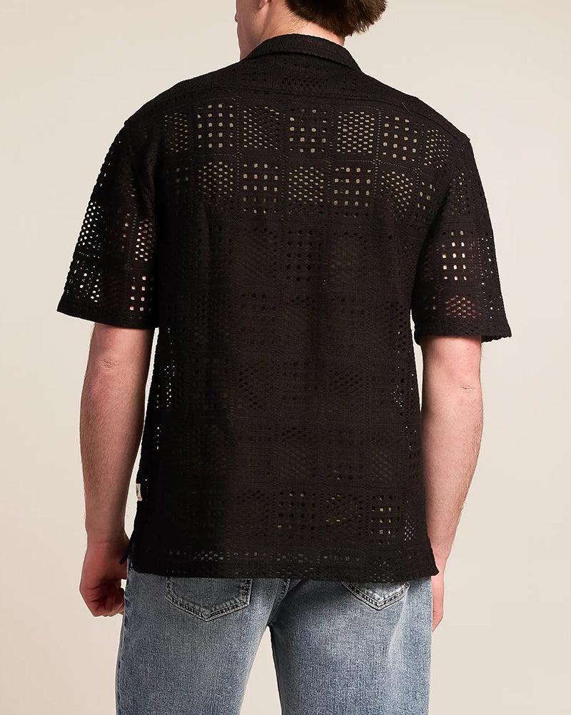Men's Crochet Textured Camp Collar Short Sleeve Shirt