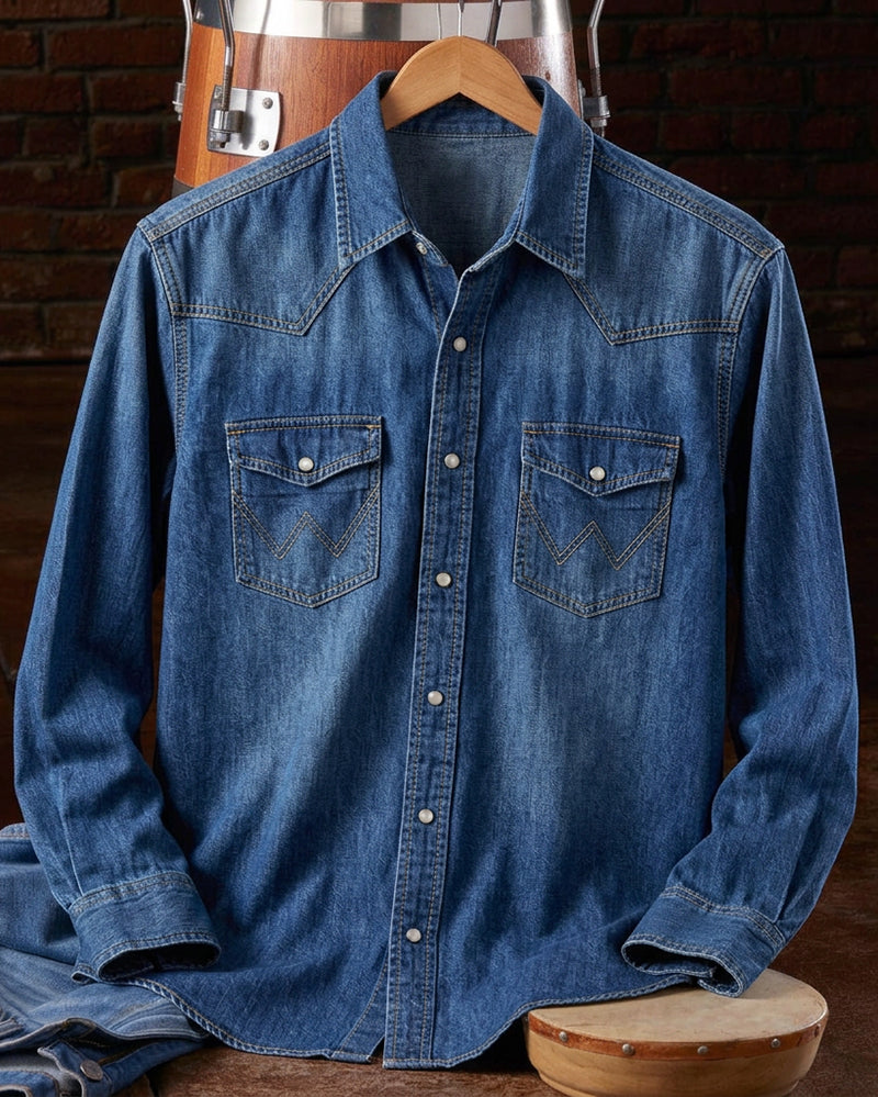 Dark Wash Denim Western W Stitched Snap Long Sleeve Shirt