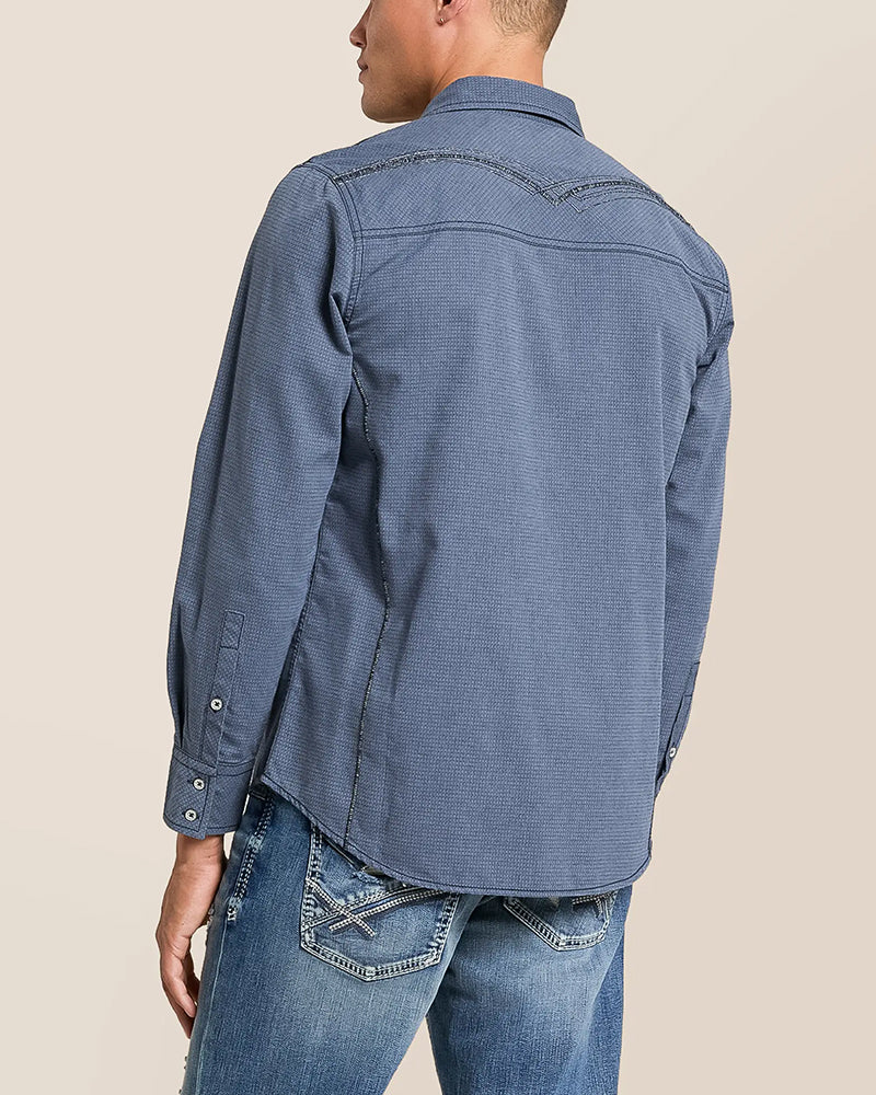 Blue Textured Contrast Cuff Western Long Sleeve Shirt
