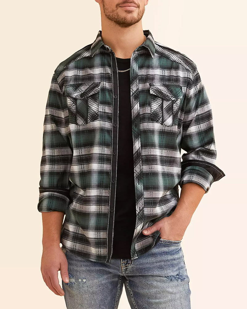 Green Black Contrast Trim Athletic Plaid Shirt