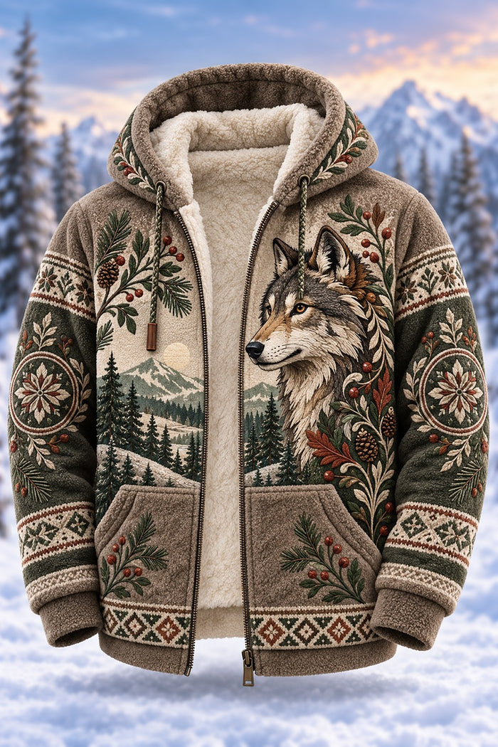 Nordic Wilderness Wolf Sherpa Fleece Hooded Jacket