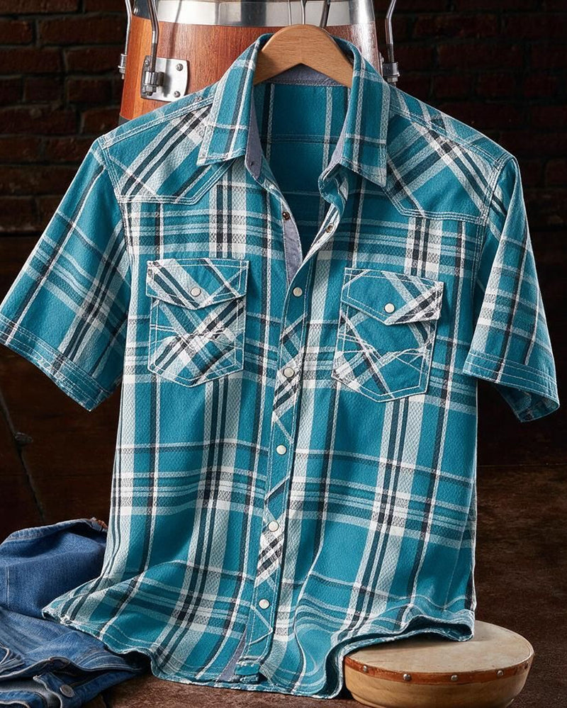 Teal Short Sleeve Standard Plaid Snap Shirt