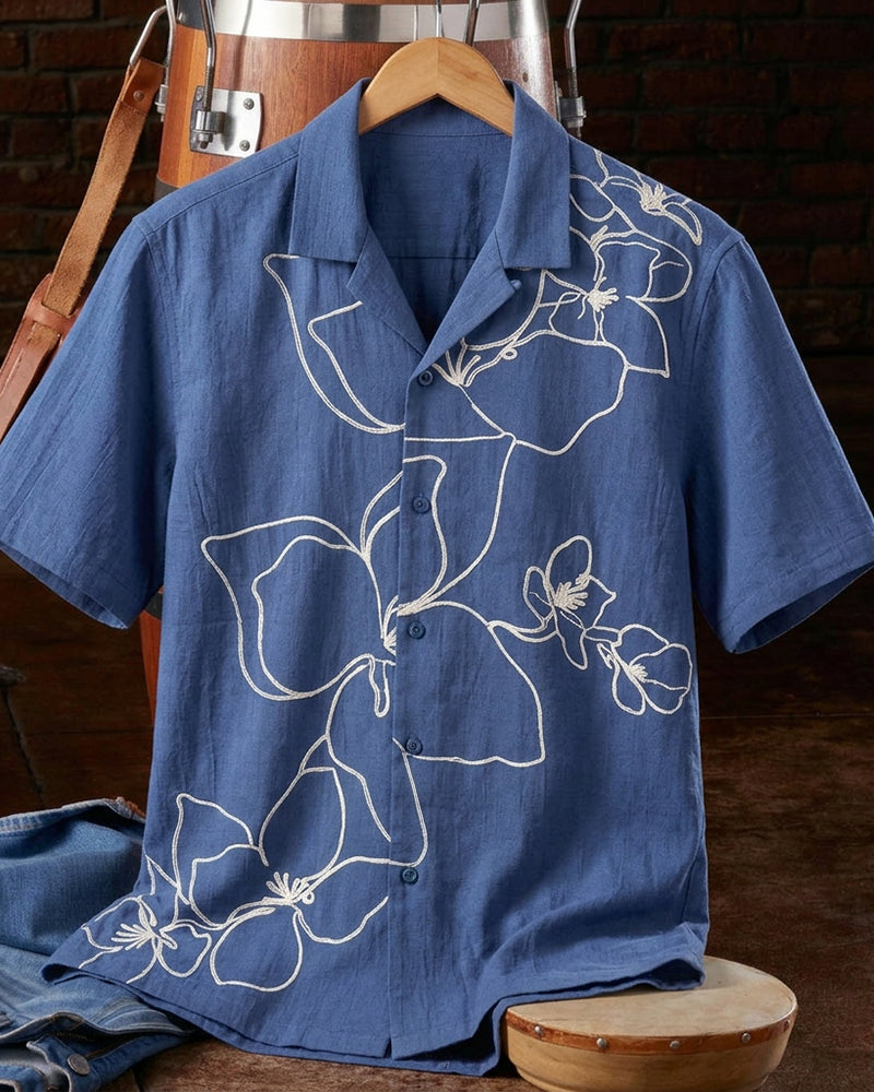 Men's Camp Collar Floral Outline Print Short Sleeve Shirt