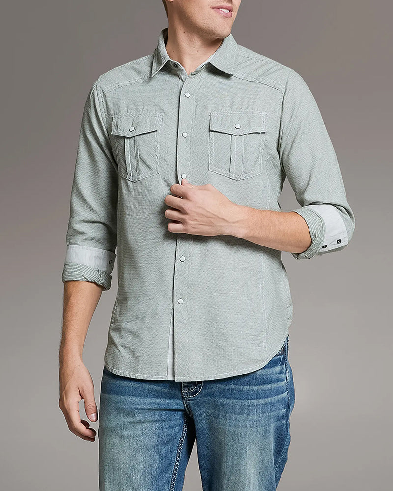 Solid Light Green Textured Snap Long Sleeve Shirt