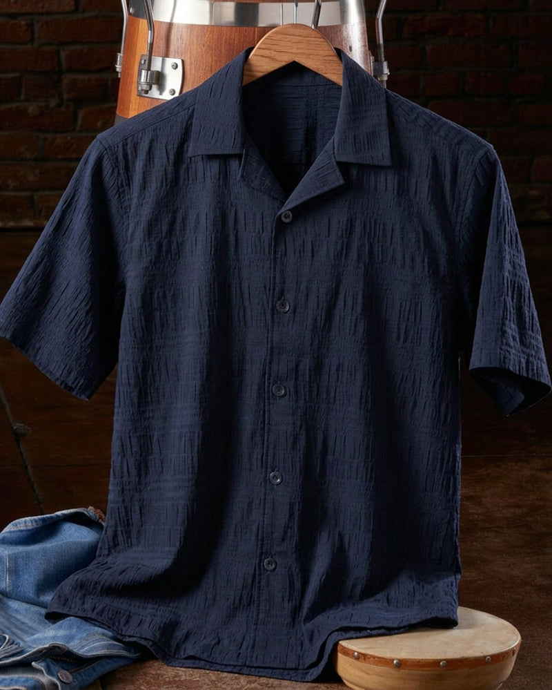 Navy Solid Camp Collar Short Sleeve Shirt